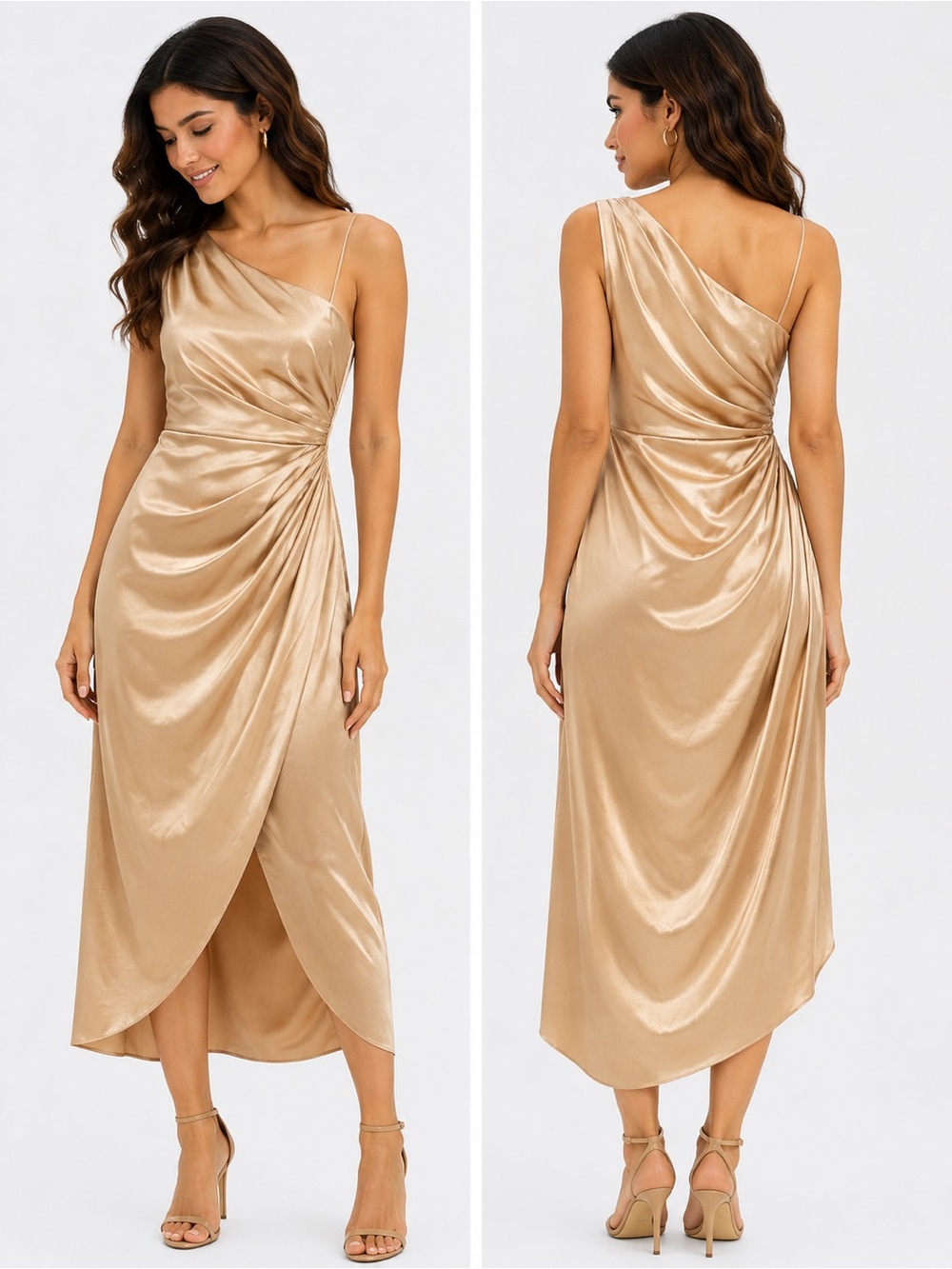 Elliatt One-Shoulder Satin Wrap Midi Dress in Gold